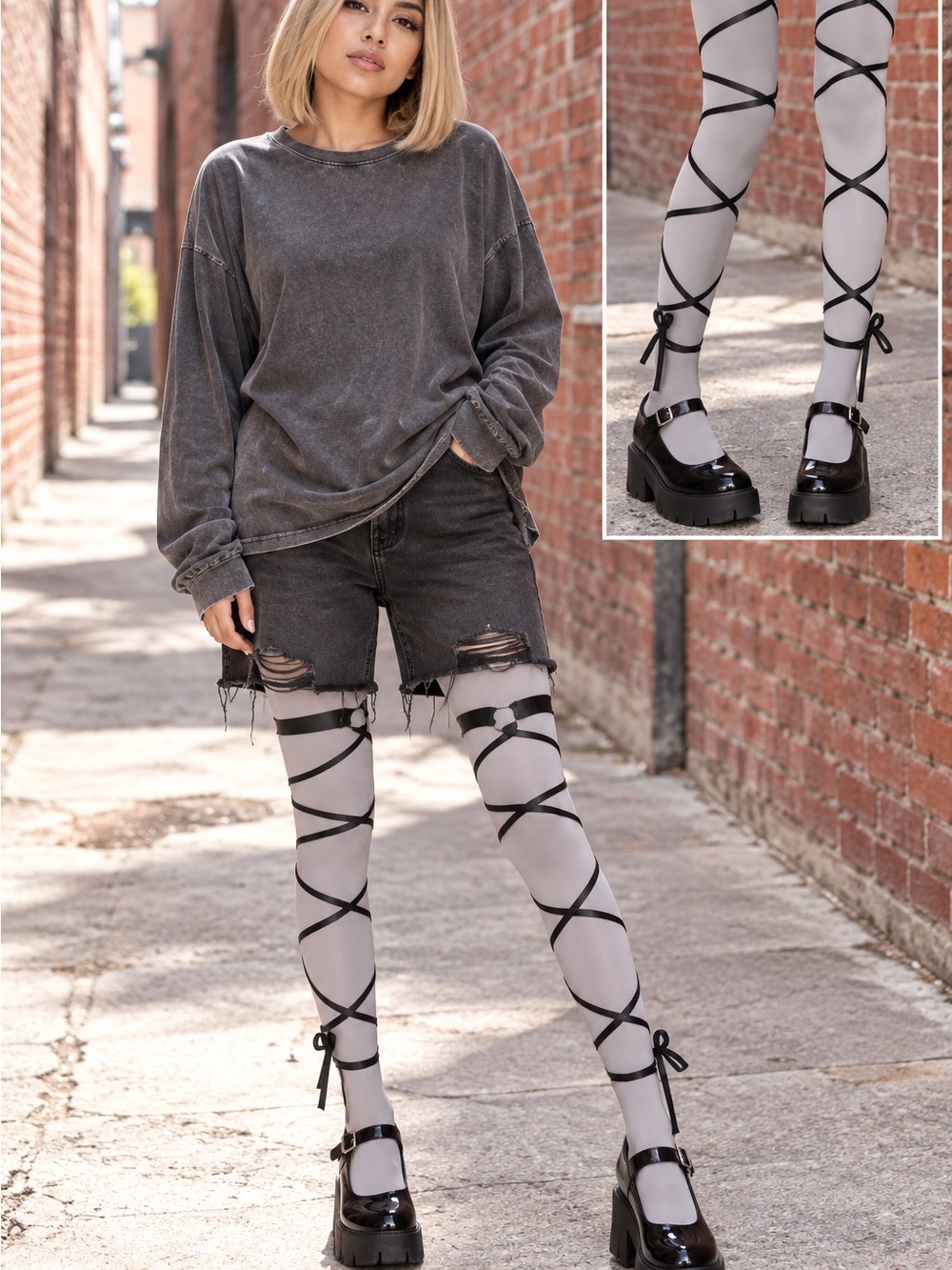 Women’s Leg Garters with Black Lace-Up Ribbon Detail